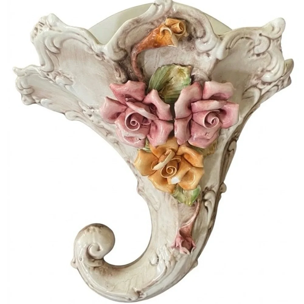 Vintage Italian Capodimonte Porcelain Floral Cornucopia Wall Sconce Planter 14”H